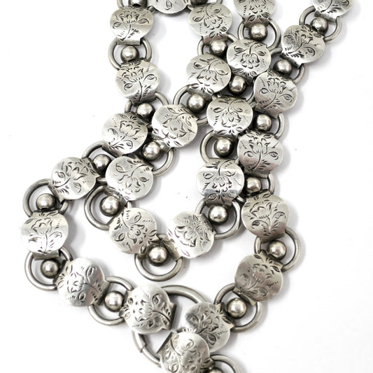 Antique Victorian Sterling Silver Two Sided Engraved Flower Collar Book Chain Necklace