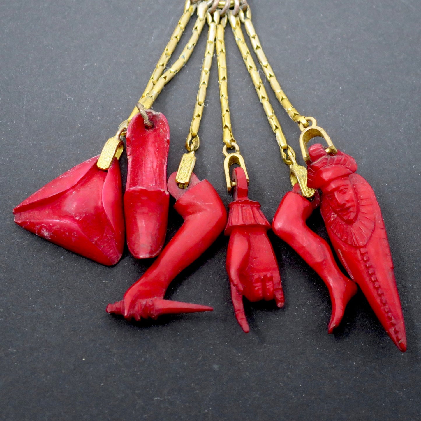 6 Georgian Italian Carved Dyed Horn Protection Chatelaine Charms on Gilt Metal
