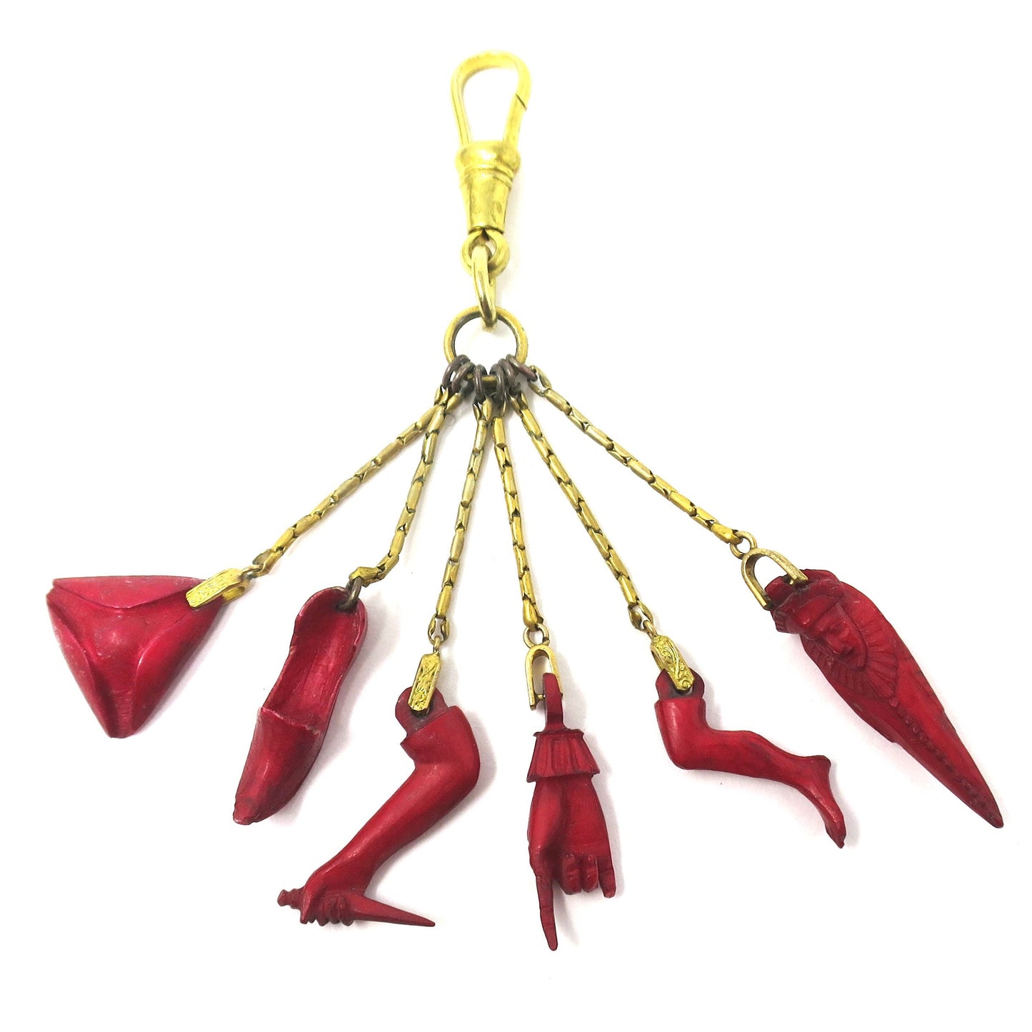 6 Georgian Italian Carved Dyed Horn Protection Chatelaine Charms on Gilt Metal
