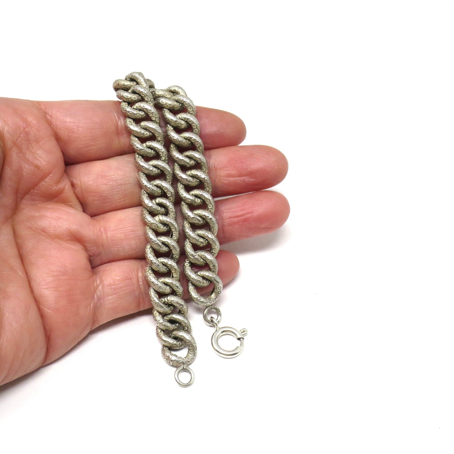 Antique Victorian French Silver Chunky Textured Curb Link Bracelet