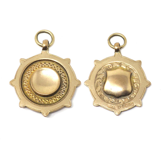 1924 Vintage 2 Sided Engraved Gold Cartouche Shield Medal Watch Fob Pendant