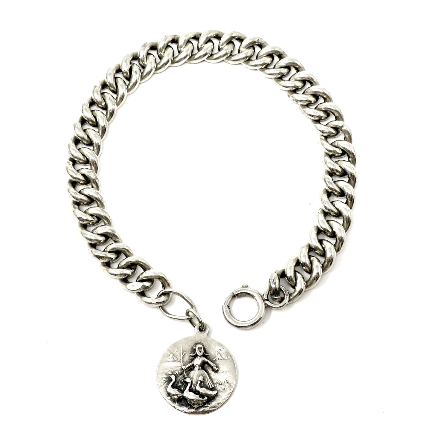 Victorian Chunky Continental Silver Hollow Curb Bracelet with Charm