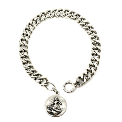 Victorian Chunky Continental Silver Hollow Curb Bracelet with Charm