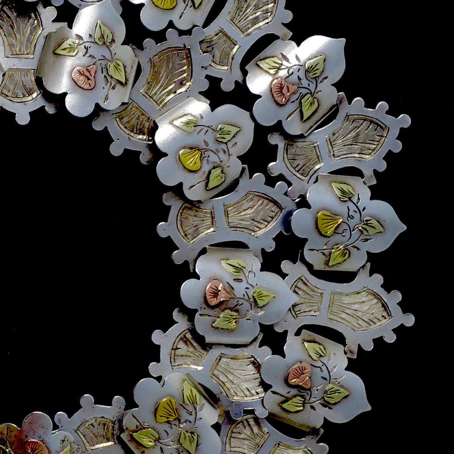 Antique Victorian Sterling Silver Rose, Yellow & Green Gold Vermeil Collar Book Chain Necklace