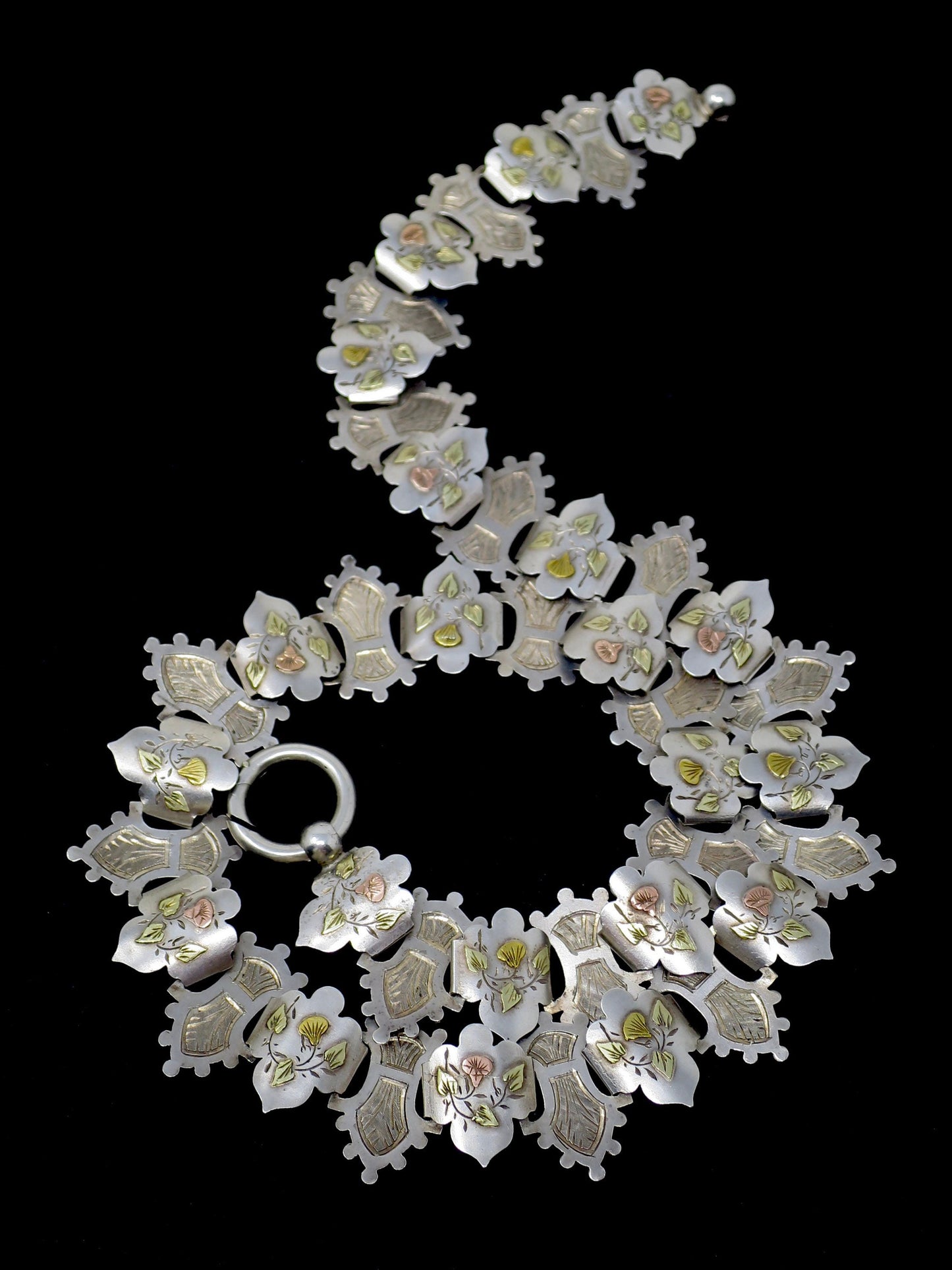 Antique Victorian Sterling Silver Rose, Yellow & Green Gold Vermeil Collar Book Chain Necklace