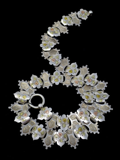 Antique Victorian Sterling Silver Rose, Yellow & Green Gold Vermeil Collar Book Chain Necklace