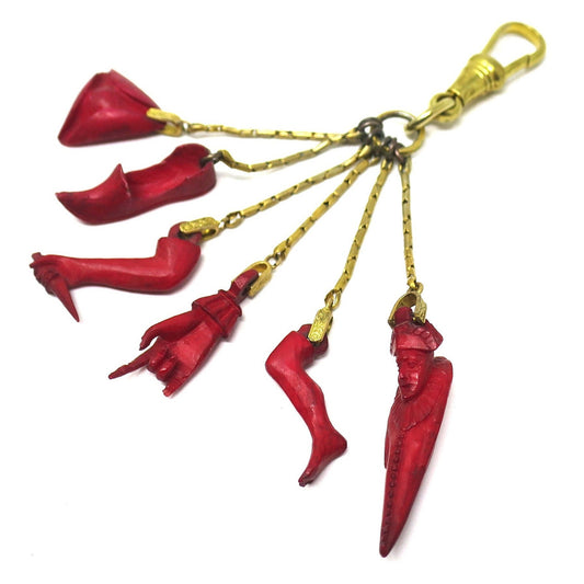 6 Georgian Italian Carved Dyed Horn Protection Chatelaine Charms on Gilt Metal
