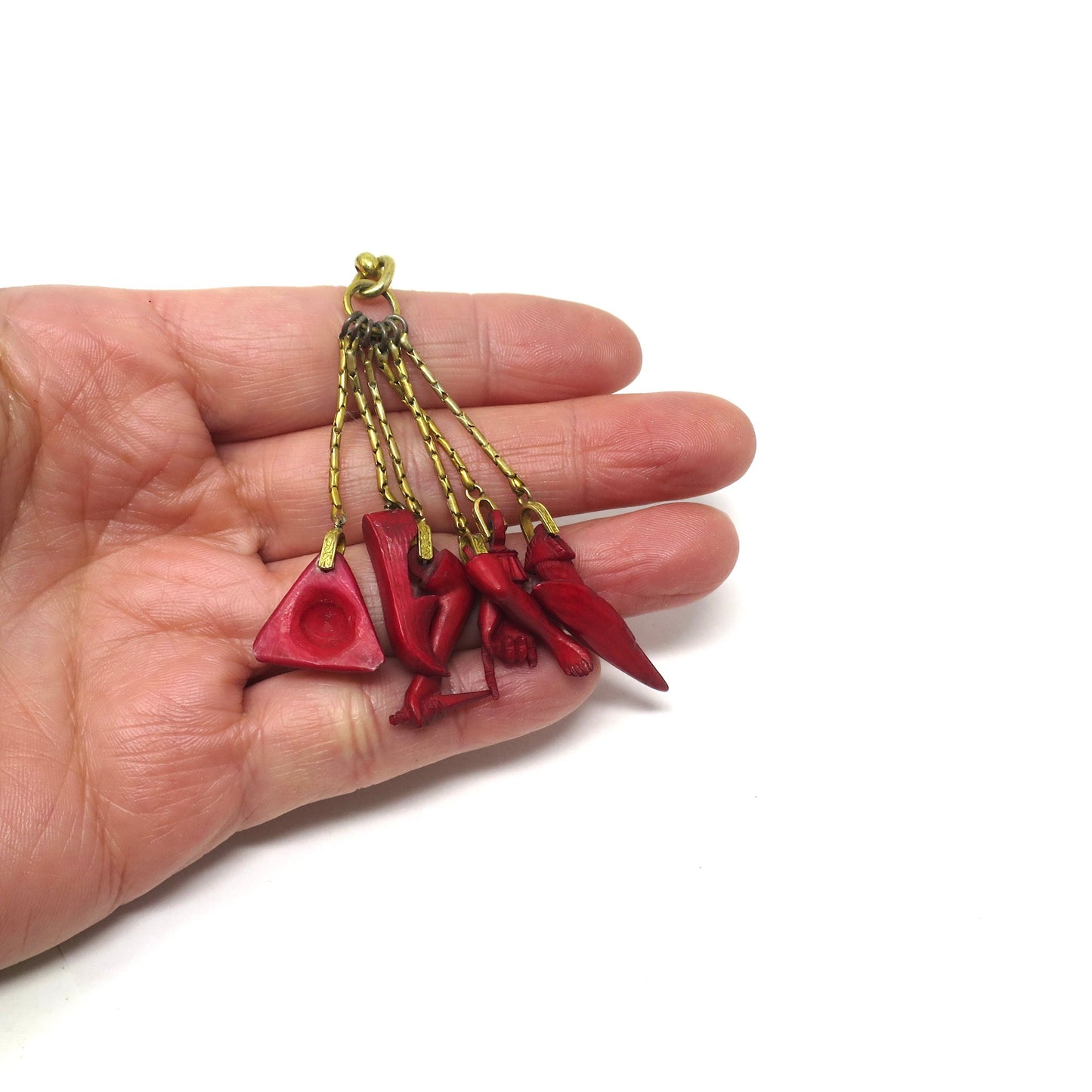 6 Georgian Italian Carved Dyed Horn Protection Chatelaine Charms on Gilt Metal