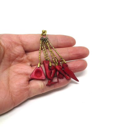 6 Georgian Italian Carved Dyed Horn Protection Chatelaine Charms on Gilt Metal