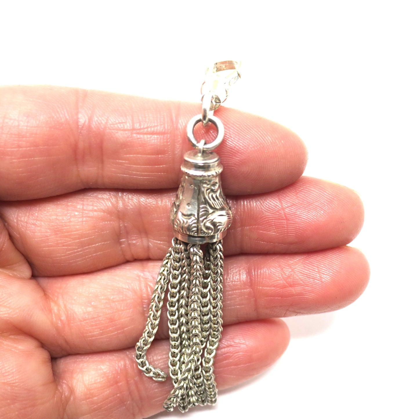 Antique Victorian Sterling Silver Engraved Heavy Fob Long Tassel Pendant