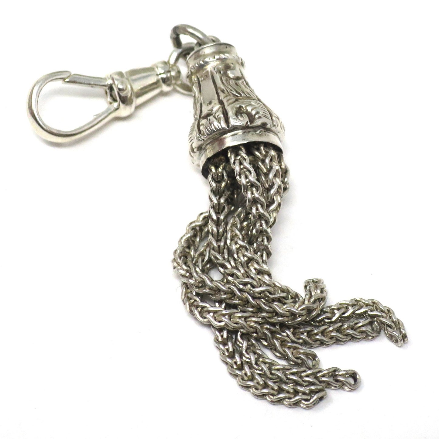 Antique Victorian Sterling Silver Engraved Heavy Fob Long Tassel Pendant