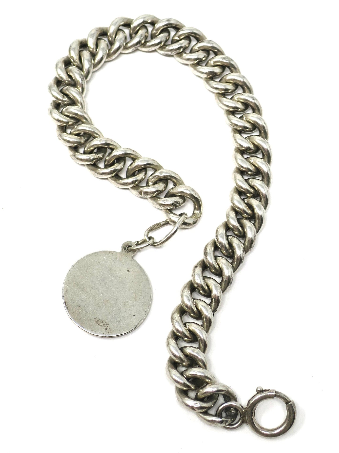 Victorian Chunky Continental Silver Hollow Curb Bracelet with Charm