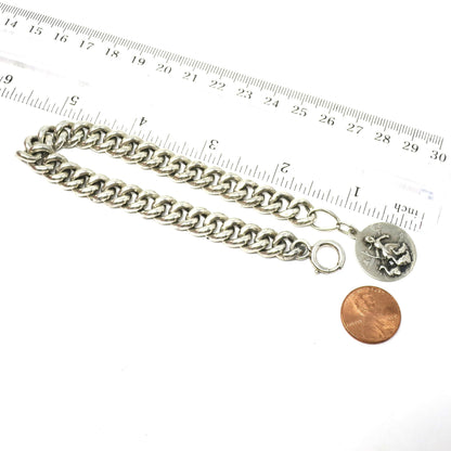 Victorian Chunky Continental Silver Hollow Curb Bracelet with Charm