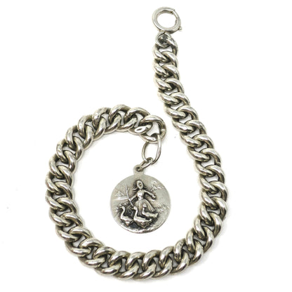 Victorian Chunky Continental Silver Hollow Curb Bracelet with Charm