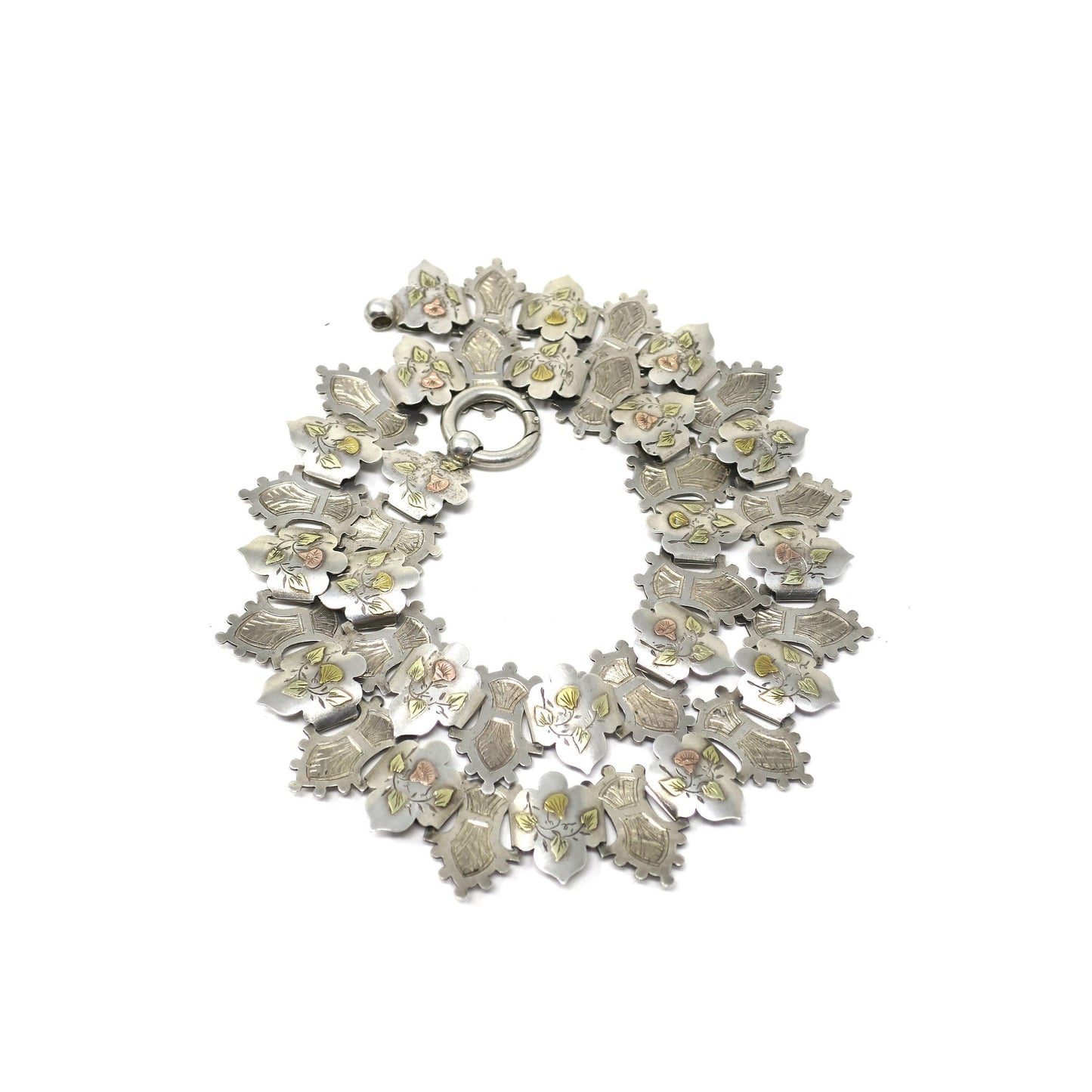 Antique Victorian Sterling Silver Rose, Yellow & Green Gold Vermeil Collar Book Chain Necklace
