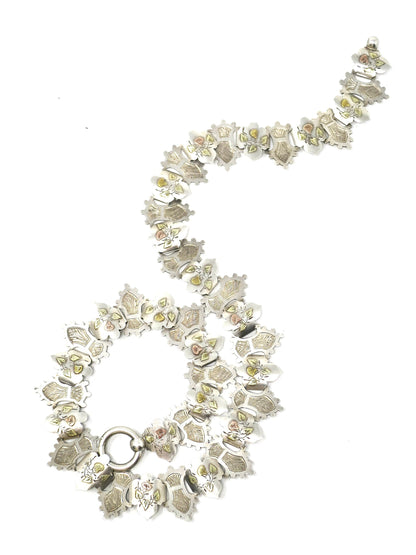 Antique Victorian Sterling Silver Rose, Yellow & Green Gold Vermeil Collar Book Chain Necklace