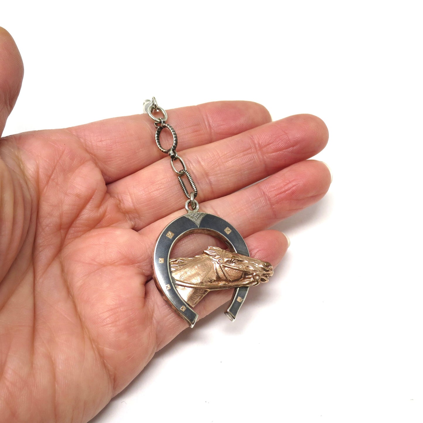 Antique Victorian 800 Niello Silver Equestrian Horseshoe Horse Head Pendant N22