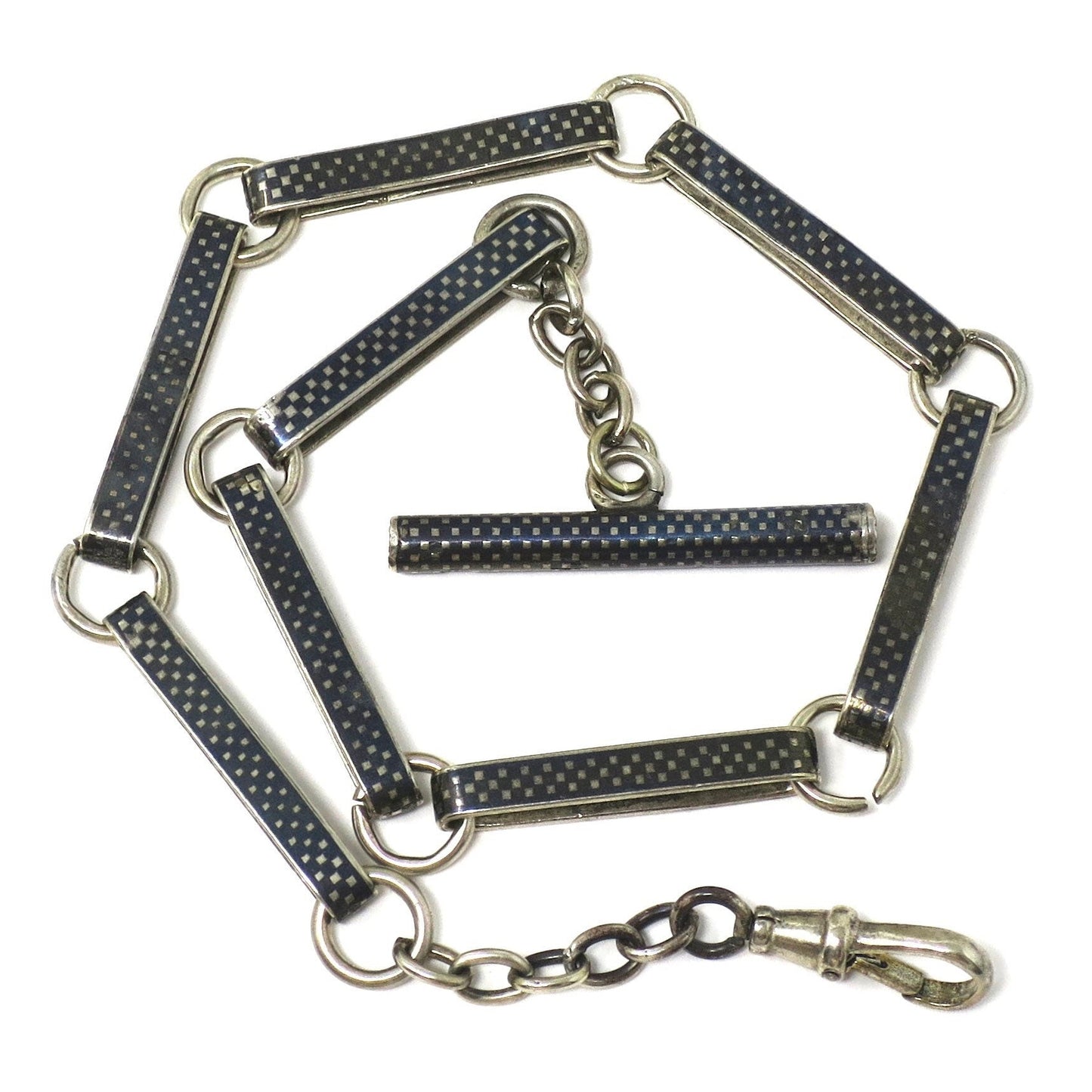 Antique Victorian 800 Niello Silver Checkerboard Pattern Pocket Watch Chain MB40
