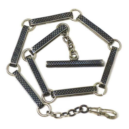 Antique Victorian 800 Niello Silver Checkerboard Pattern Pocket Watch Chain MB40