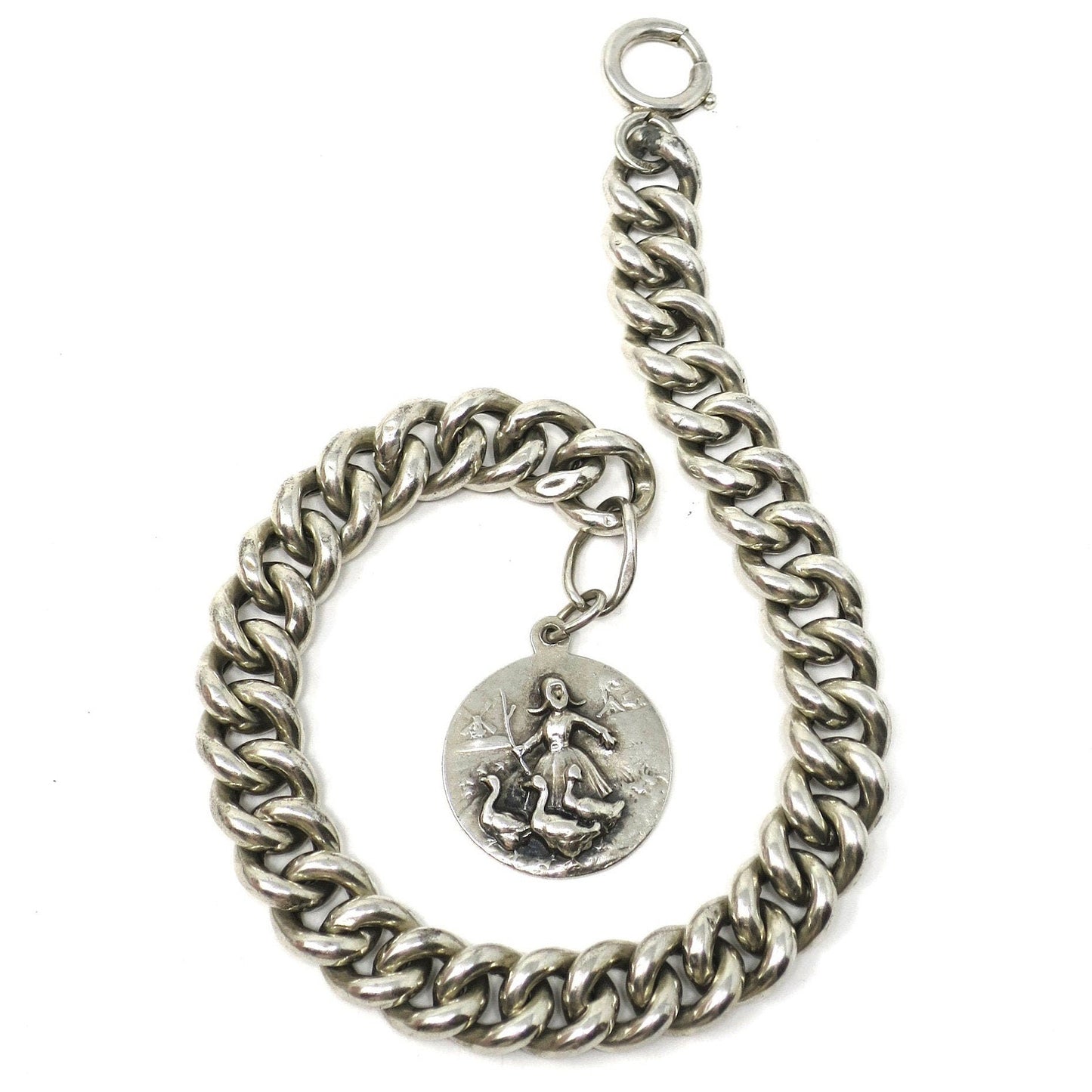 Victorian Chunky Continental Silver Hollow Curb Bracelet with Charm