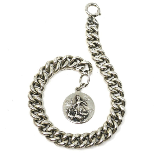Victorian Chunky Continental Silver Hollow Curb Bracelet with Charm