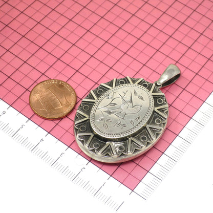 Victorian Sterling Silver Engraved Bird Locket Pendant