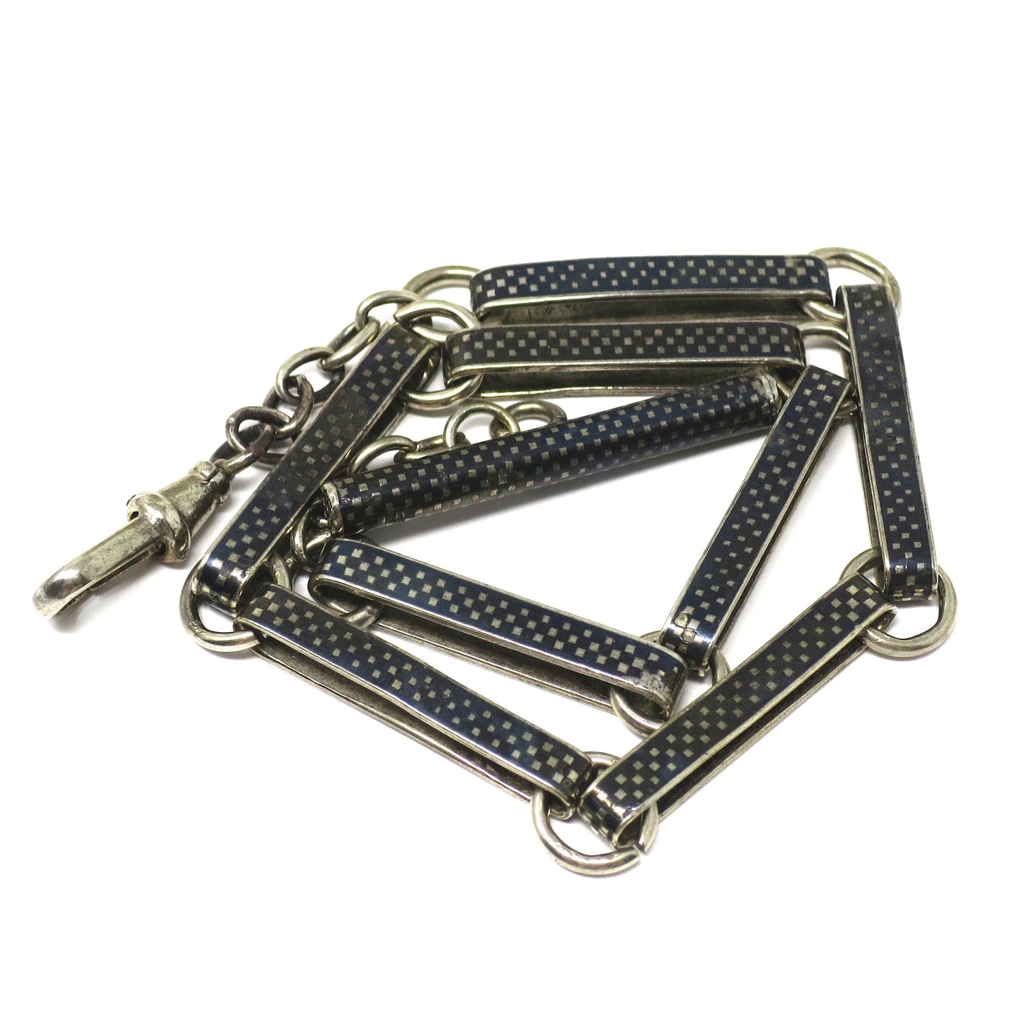 Antique Victorian 800 Niello Silver Checkerboard Pattern Pocket Watch Chain MB40