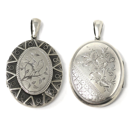 Victorian Sterling Silver Engraved Bird Locket Pendant