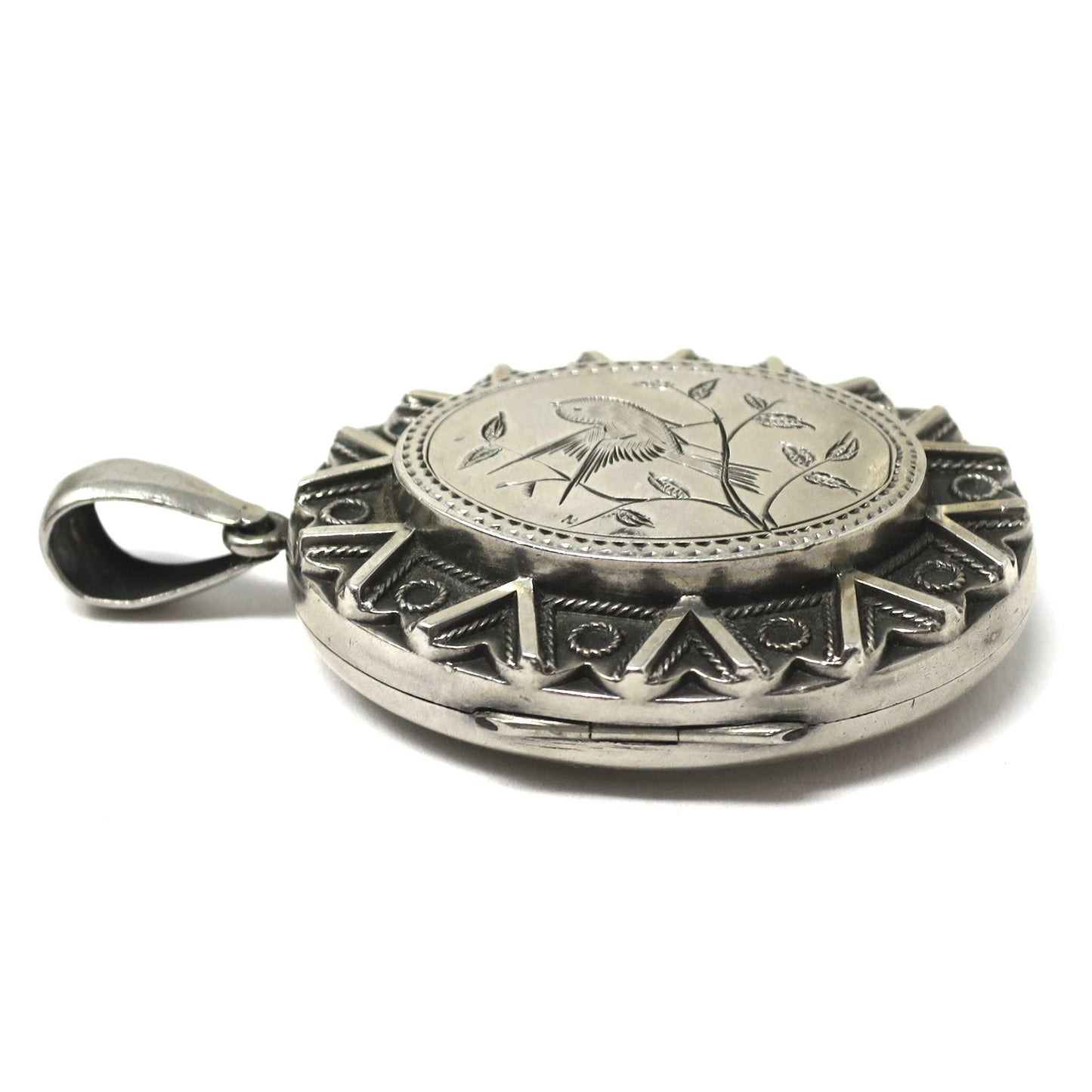Victorian Sterling Silver Engraved Bird Locket Pendant