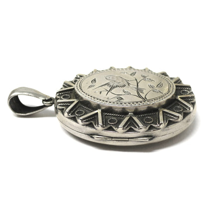 Victorian Sterling Silver Engraved Bird Locket Pendant