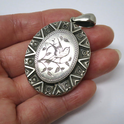 Victorian Sterling Silver Engraved Bird Locket Pendant