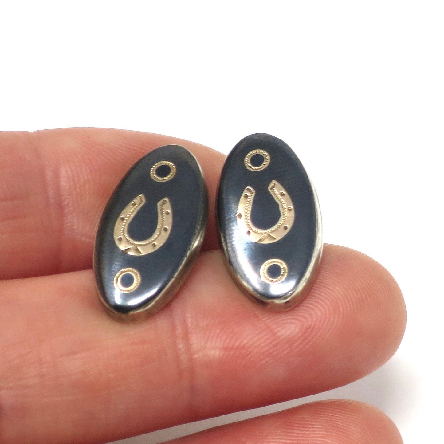 Antique Niello & Rose Gold Vermeil Horseshoe Good Luck Cufflinks Cuff Links N21