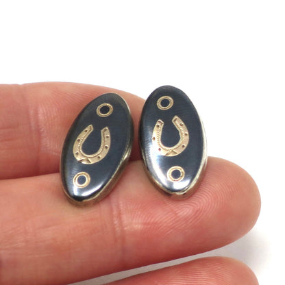 Antique Niello & Rose Gold Vermeil Horseshoe Good Luck Cufflinks Cuff Links N21