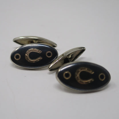 Antique Niello & Rose Gold Vermeil Horseshoe Good Luck Cufflinks Cuff Links N21