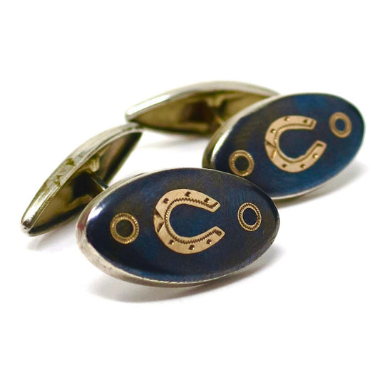 Antique Niello & Rose Gold Vermeil Horseshoe Good Luck Cufflinks Cuff Links N21