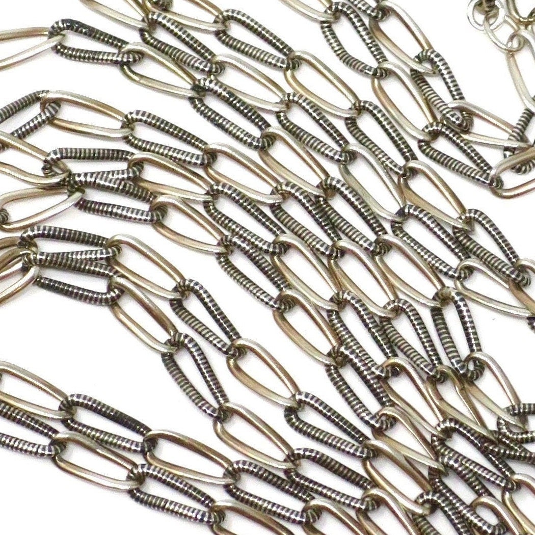 Long Antique Victorian Niello 800 Silver Sautoir Muff Guard Chain Necklace, 42 3/4" inches MB3