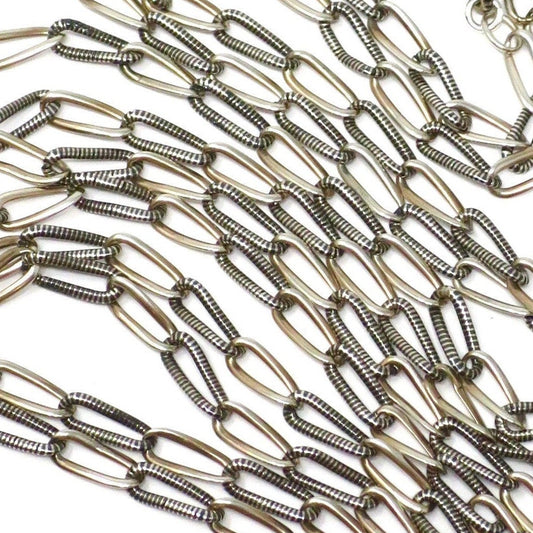 Long Antique Victorian Niello 800 Silver Sautoir Muff Guard Chain Necklace, 42 3/4" inches MB3