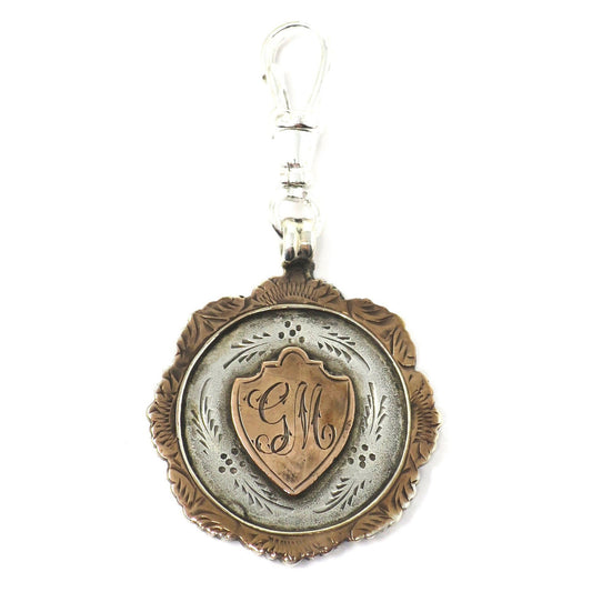 Vintage 1922 Sterling Silver & Rose Gold Vermeil Cartouche Medal Shield Watch Fob Pendant