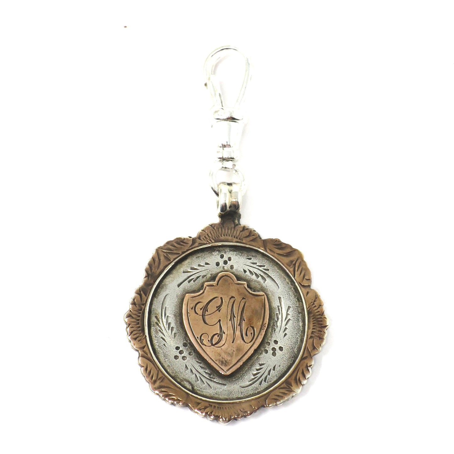 Vintage 1922 Sterling Silver & Rose Gold Vermeil Cartouche Medal Shield Watch Fob Pendant