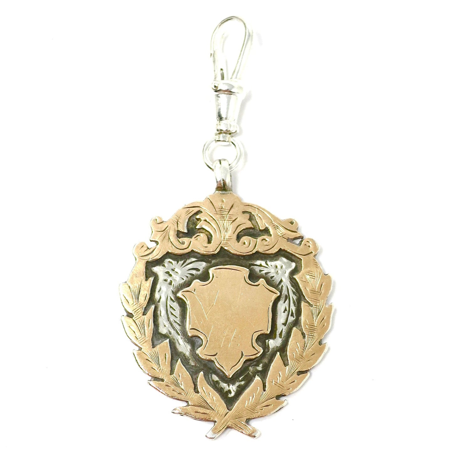 Edwardian Sterling Silver Rose Gold Vermeil Fob Pendant: 1905 Birmingham Medal Shield
