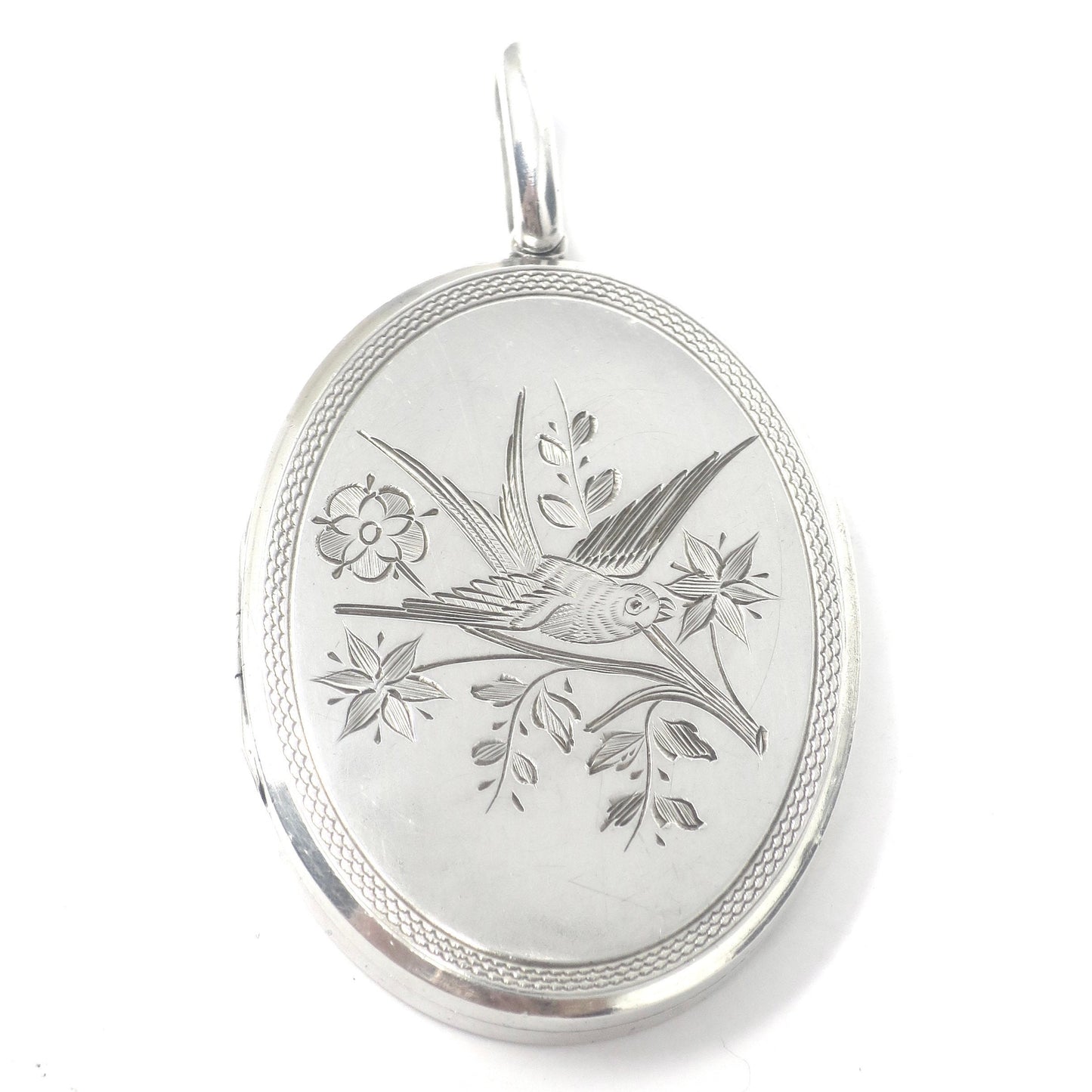 Antique Victorian Sterling Silver Swallow Locket - Aesthetic Movement Pendant
