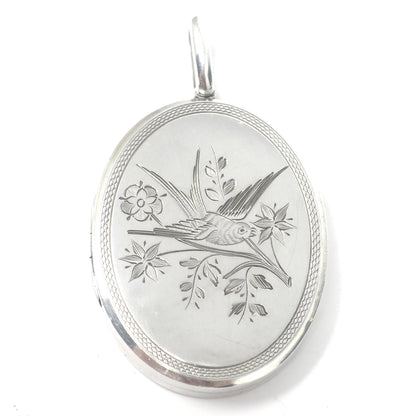 Antique Victorian Sterling Silver Swallow Locket - Aesthetic Movement Pendant