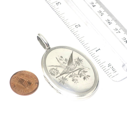Antique Victorian Sterling Silver Swallow Locket - Aesthetic Movement Pendant