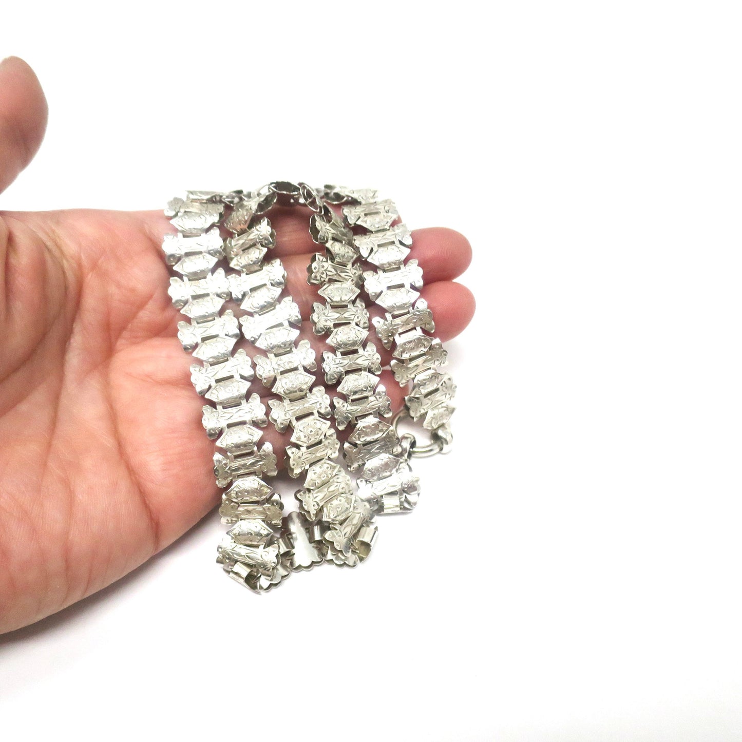 Antique Victorian 2 Sided Engraved Forget-Me-Not Flowers Sterling Silver Collar Book Chain Necklace