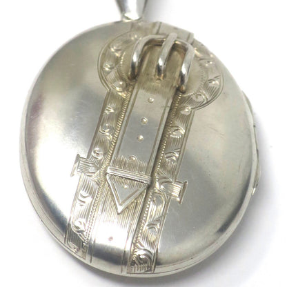 Antique Victorian Sterling Silver 3D Belt Buckle Engraved Locket Pendant