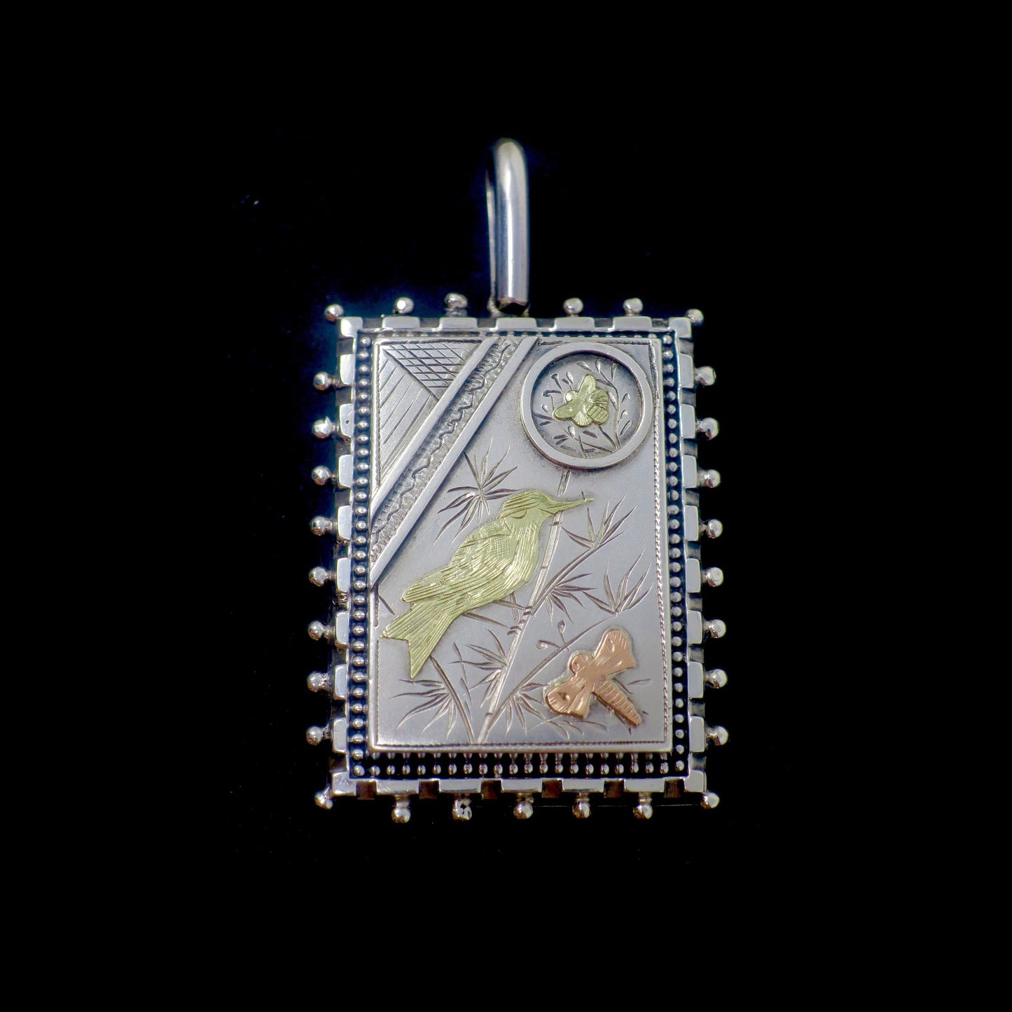 Antique Victorian Aesthetic Sterling Silver Locket Pendant, Bird, Butterfly, Dragonfly
