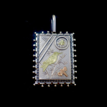 Antique Victorian Aesthetic Sterling Silver Locket Pendant, Bird, Butterfly, Dragonfly