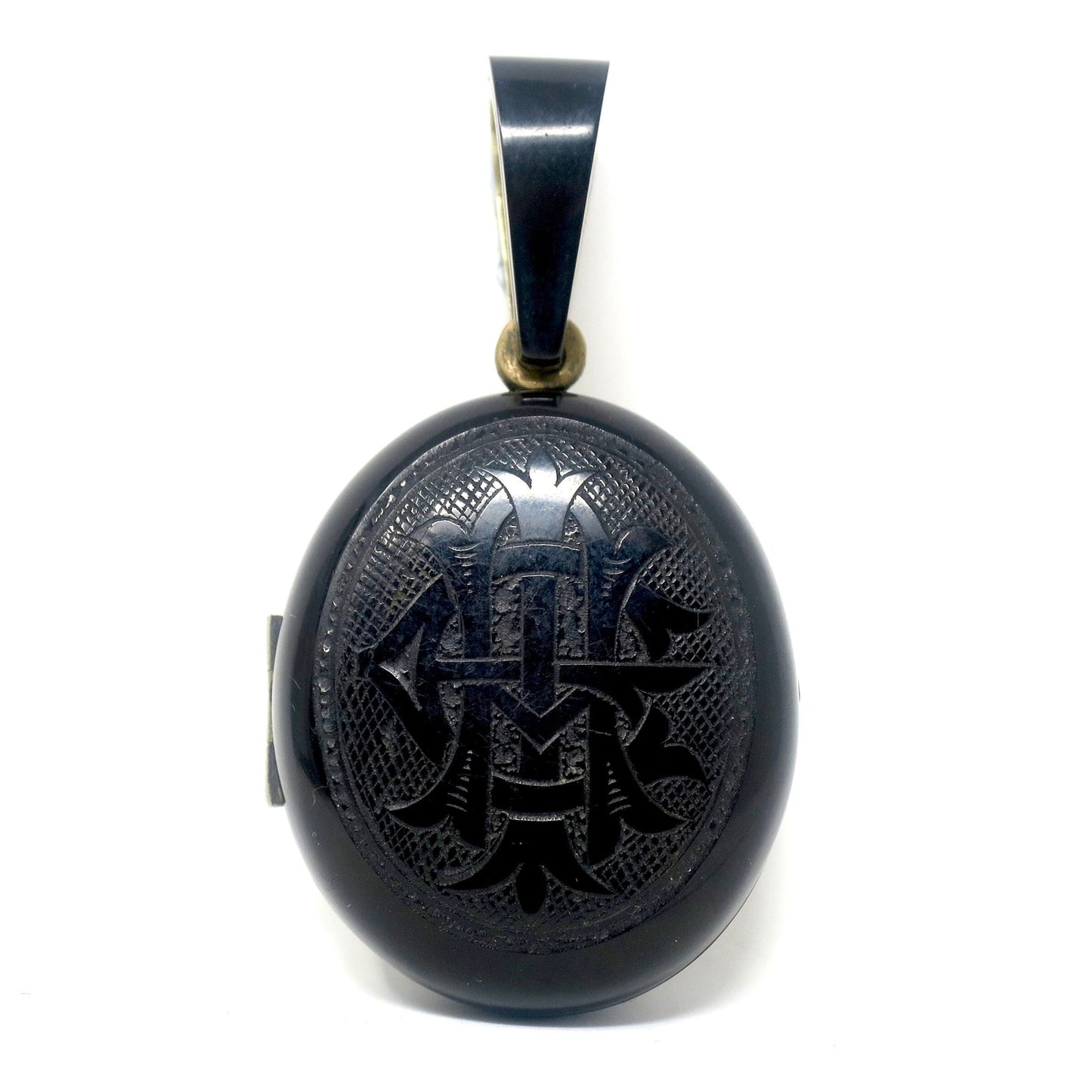 Antique Victorian 'Amity, Eternity, Infinity' Whitby Jet Mourning Black Memento Mori Locket Pendant