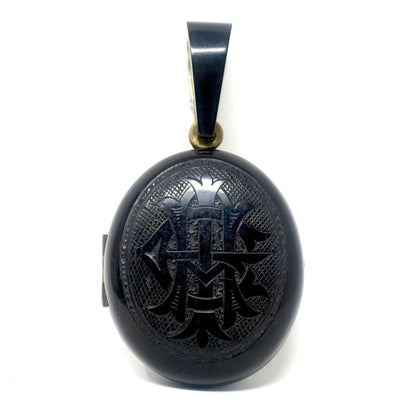 Antique Victorian 'Amity, Eternity, Infinity' Whitby Jet Mourning Black Memento Mori Locket Pendant