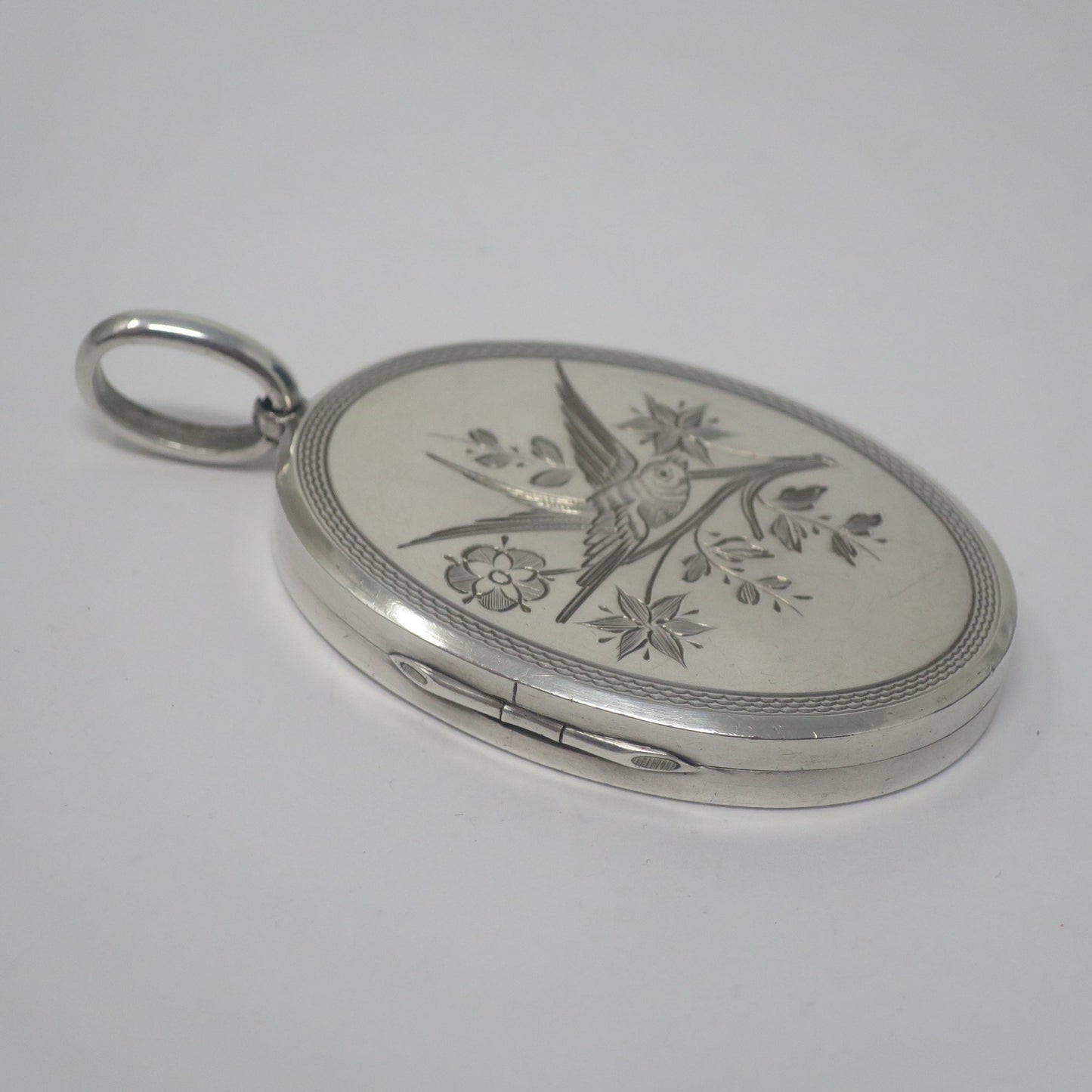 Antique Victorian Sterling Silver Swallow Locket - Aesthetic Movement Pendant